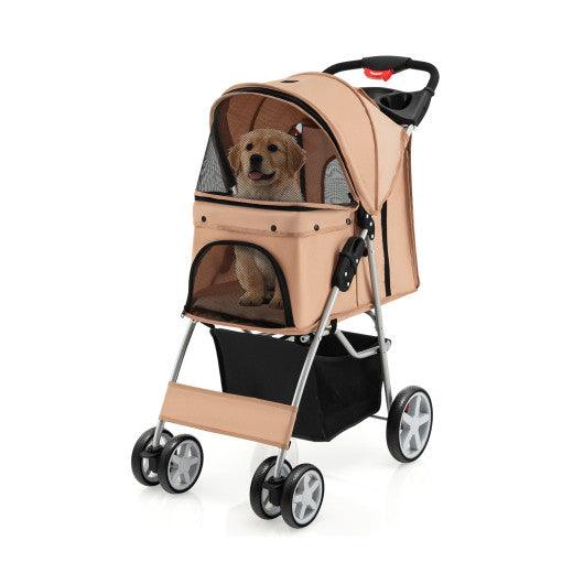 Foldable 4-Wheel Pet Stroller with Storage Basket-Beige