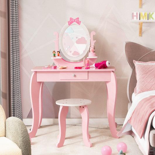 Kid Vanity Table Stool Set with Oval Rotatable Mirror-Pink