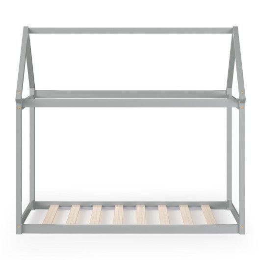 Stable Kids Platform Floor Bed with Roof and Heavy-Duty Slats-Gray