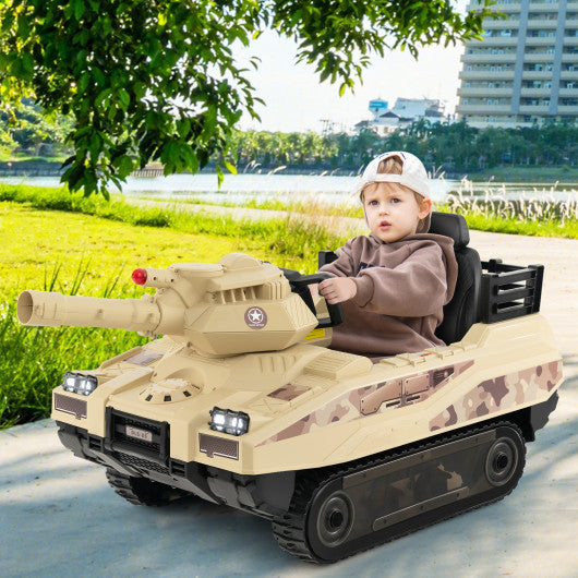 12V Electric Kids Ride On Tank with Rotatable Turret and 8 Missiles for Kids Aged 37-95 Months Old-Khaki