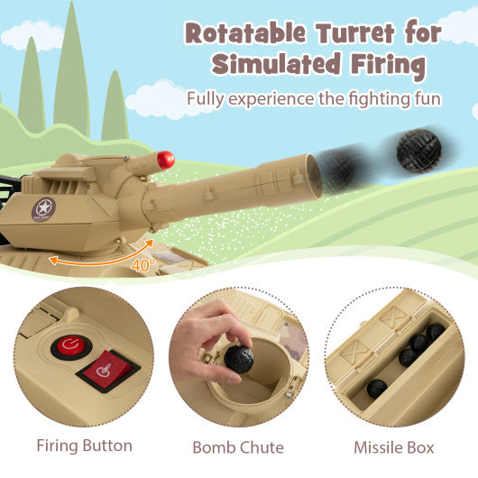 12V Electric Kids Ride On Tank with Rotatable Turret and 8 Missiles for Kids Aged 37-95 Months Old-Khaki