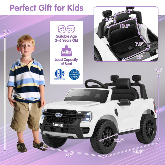 12V Electric Kids Ride on Car Licensed Ford Ranger with Remote Control and Music-White