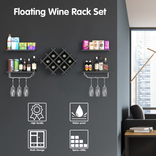 Set of 5 Wall Mount Wine Rack Set with Storage Shelves-Black