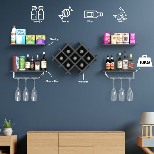 Set of 5 Wall Mount Wine Rack Set with Storage Shelves-Black