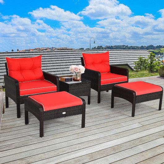 5 Pieces Patio Rattan Sofa Ottoman Furniture Set with Cushions-Red