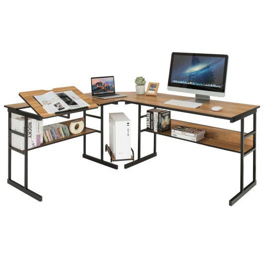 L-Shaped Computer Desk with Tiltable Tabletop-Walnut