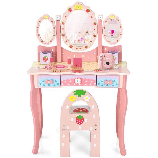 Kids Vanity Princess Makeup Dressing Table Chair Set with Tri-fold Mirror-Pink