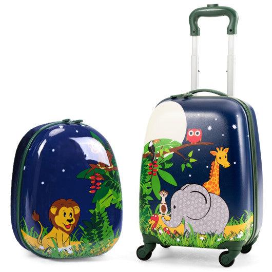 2 Pieces 12 Inch and 16 Inch Kids Carry on Suitcase Rolling Backpack School Luggage Set-Elephant