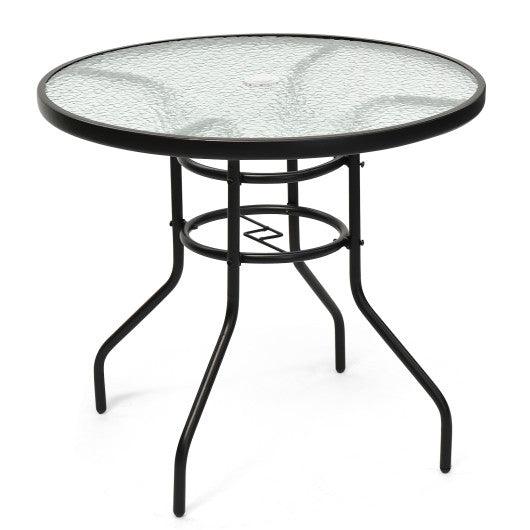 32 Inch Patio Tempered Glass Steel Frame Round Table with Convenient Umbrella Hole