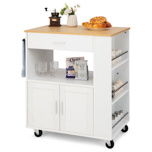 Rolling Kitchen Trolley with 3 Spice Racks Drawer and Open Shelf-White