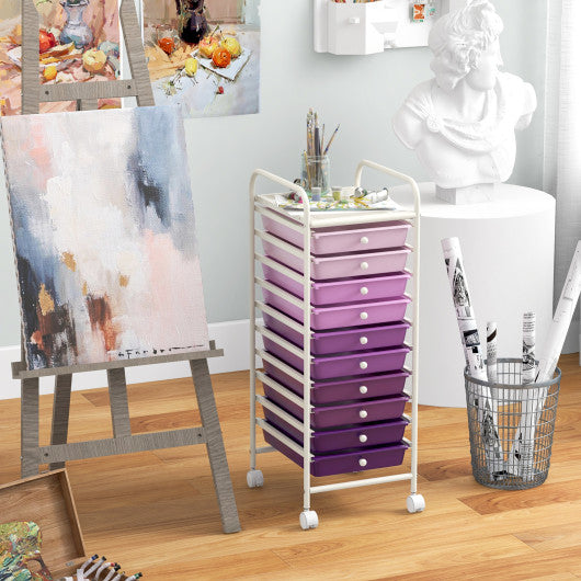 10 Drawer Rolling Storage Cart Organizer with 4 Universal Casters-Purple