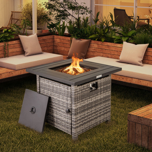 29 Inch Propane Rattan Firepit Table with Lava Rocks and Protective Cover-Gray