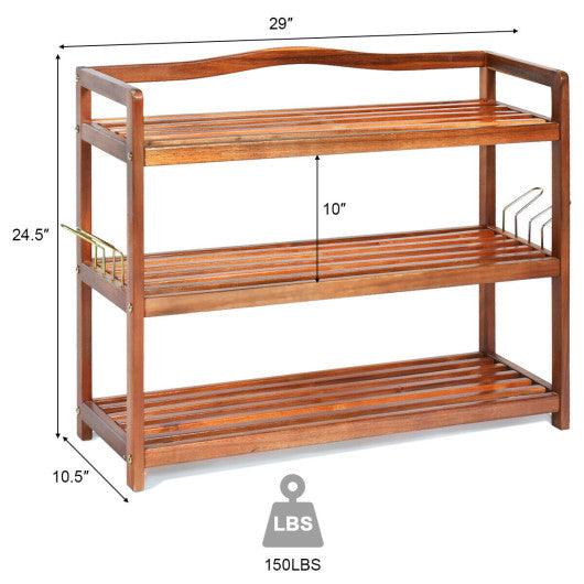 3-Tier Acacia Wood Shoe Rack with Side Metal Hooks