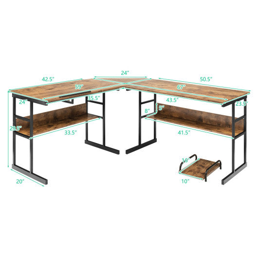 L-Shaped Computer Desk with Tiltable Tabletop-Rustic Brown