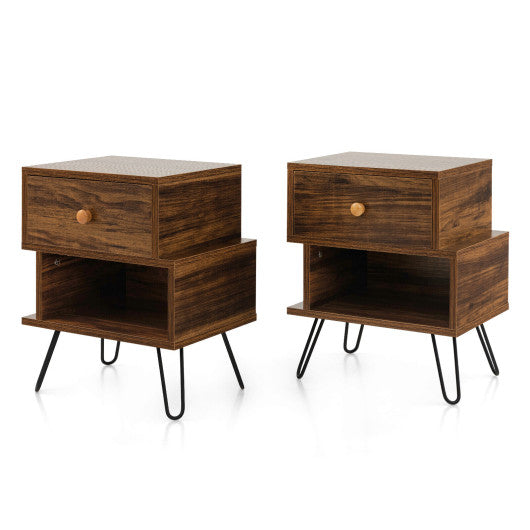 Set of 2 2-Tier Irregular Wooden Nightstands with Elevated Metal Feet-Walnut