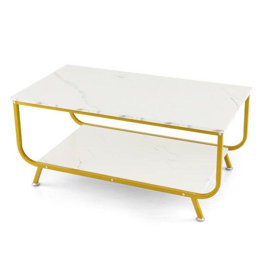 2-Tier Faux Marble Top Rectangular Coffee Table with Metal Frame-White