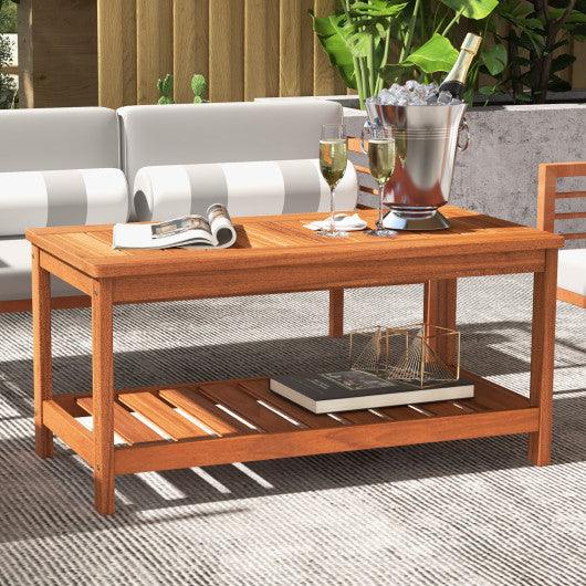 2-Tier Patio Coffee Table with Slatted Tabletop and Shelf