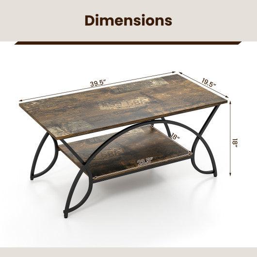 2-Tier Faux Marble Coffee Table with Marble Top and Metal Frame-Dark Brown