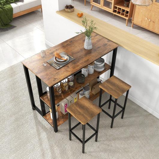 36 Inch 3-Tier Bar Table with Storage Metal Frame Adjustable Foot Pads for Dining Room-Rustic Brown