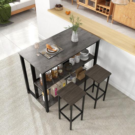 36 Inch 3-Tier Bar Table with Storage Metal Frame Adjustable Foot Pads for Dining Room-Gray