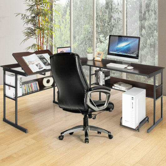 L-Shaped Computer Desk with Tiltable Tabletop-Brown