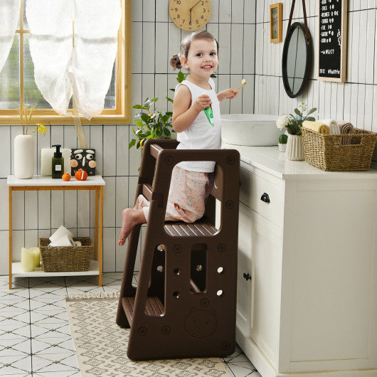 Kids Kitchen Step Stool with Double Safety Rails -Brown