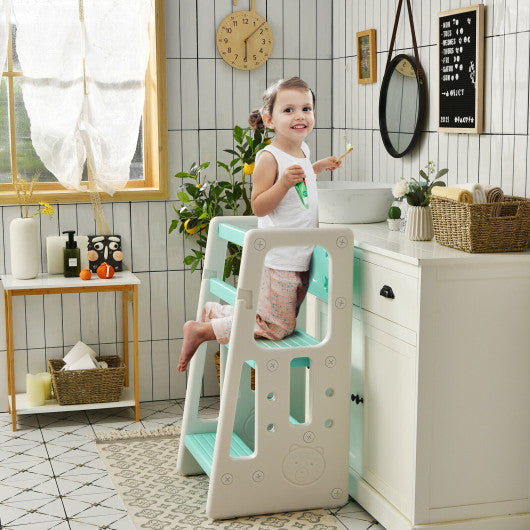 Kids Kitchen Step Stool with Double Safety Rails-Green