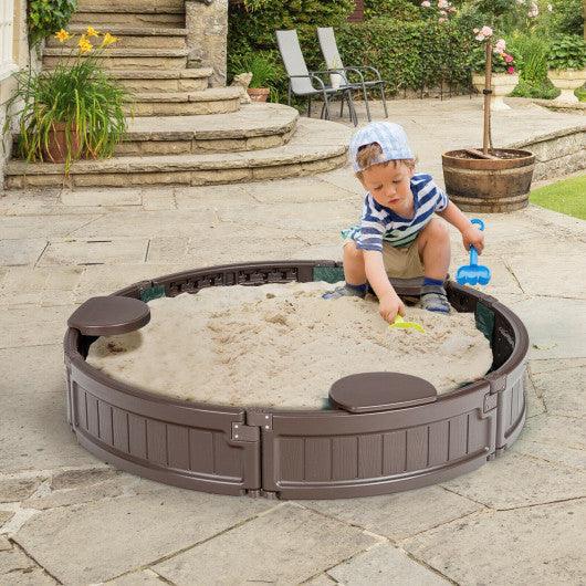 Sandbox with Built-in Corner Seat and Cover-Brown