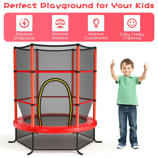 55 Inch Kids Recreational Trampoline Bouncing Jumping Mat with Enclosure Net-Red