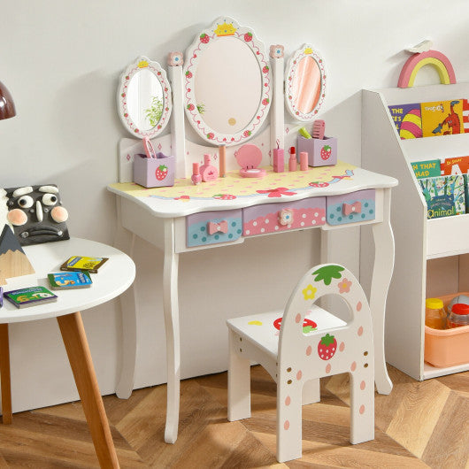 Kids Vanity Princess Makeup Dressing Table Chair Set with Tri-fold Mirror-White