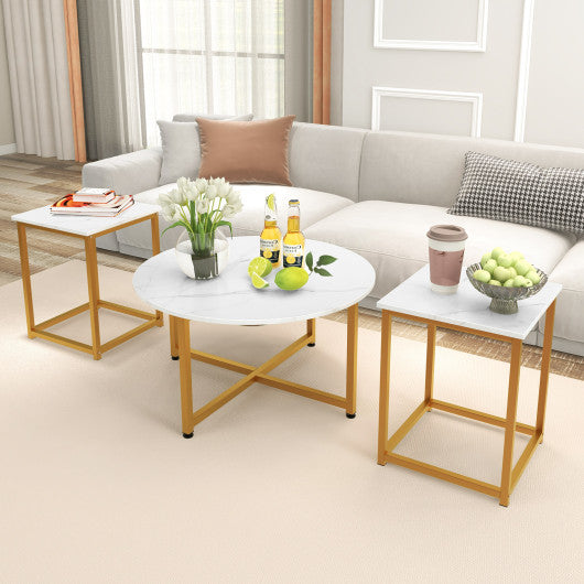 3-Piece Coffee Table Set Round Coffee Table and 2PCS Square End Tables-White and Gold