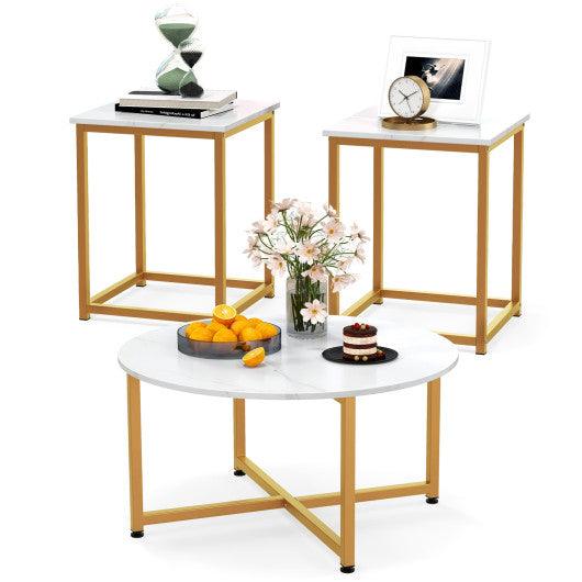 3-Piece Coffee Table Set Round Coffee Table and 2PCS Square End Tables-White and Gold