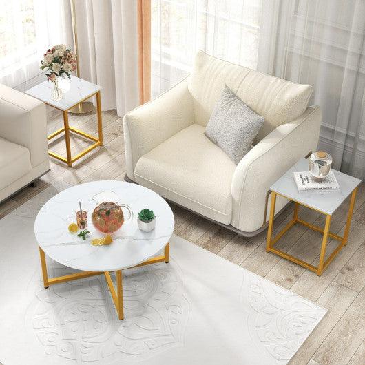 3-Piece Coffee Table Set Round Coffee Table and 2PCS Square End Tables-White and Gold