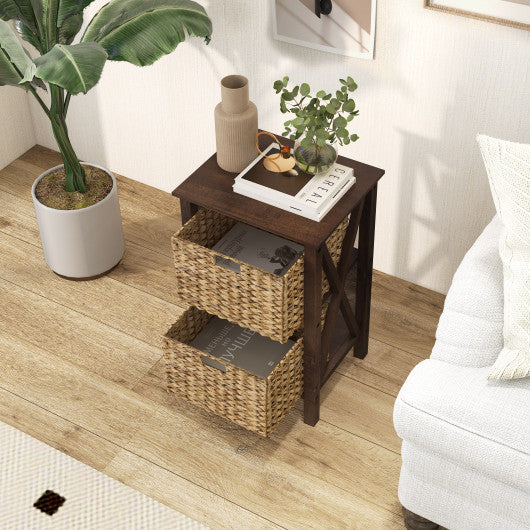 3/4-Tier Nightstand with 2 Seagrass Baskets Narrow X-Design-3-Tier