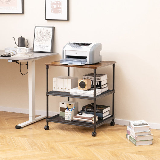 3 Tier Printer Stand Rolling Fax Cart with Adjustable Shelf and Swivel Wheels-Coffee