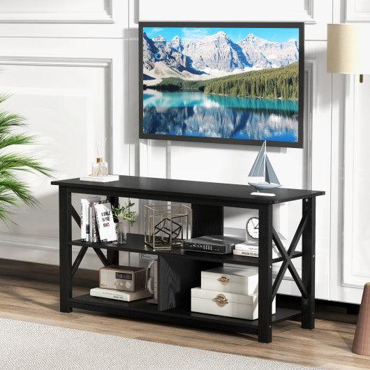 3 Tier Wood TV Stand for 55-Inch with Open Shelves and X-Shaped Frame-Black