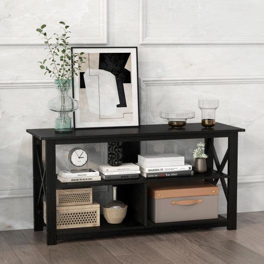 3 Tier Wood TV Stand for 55-Inch with Open Shelves and X-Shaped Frame-Black