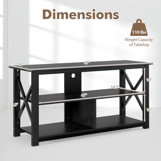 3 Tier Wood TV Stand for 55-Inch with Open Shelves and X-Shaped Frame-Black