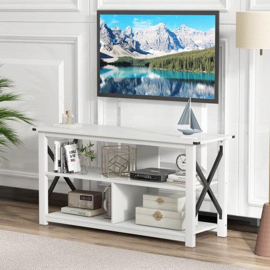 3 Tier Wood TV Stand for 55-Inch with Open Shelves and X-Shaped Frame-White