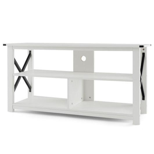 3 Tier Wood TV Stand for 55-Inch with Open Shelves and X-Shaped Frame-White