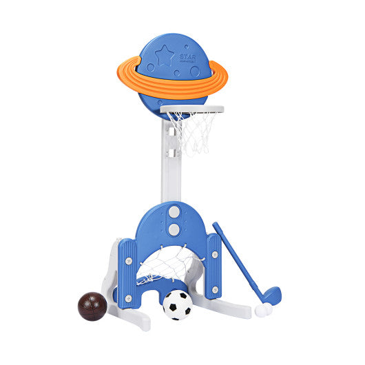 3 in 1 Height Adjustable Kids Basketball Hoop Set with Balls-Blue