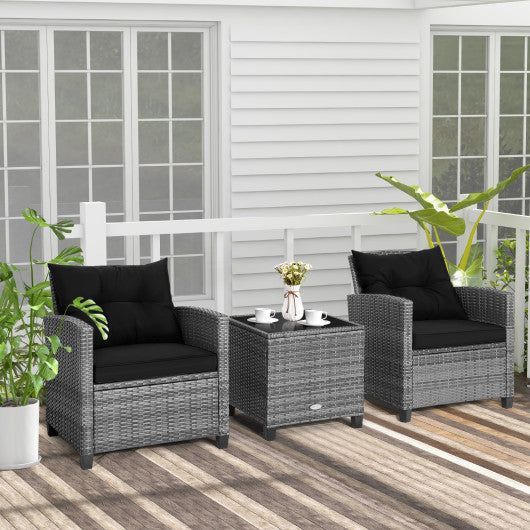 3 Pieces Outdoor Wicker Conversation Set with Tempered Glass Tabletop-Black