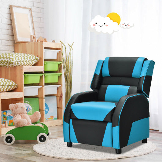 Kids Youth PU Leather Gaming Sofa Recliner with Headrest and Footrest-Blue