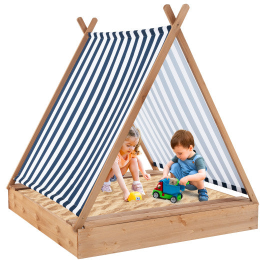 49 x 48 Inch Kids Wooden Sandbox with Cover and 2 Bench Seats