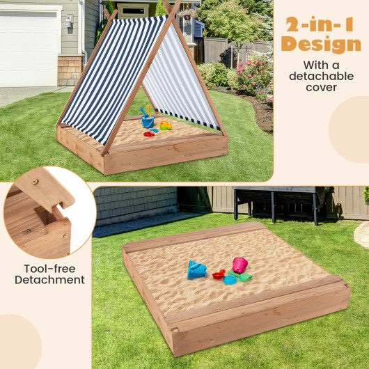 49 x 48 Inch Kids Wooden Sandbox with Cover and 2 Bench Seats