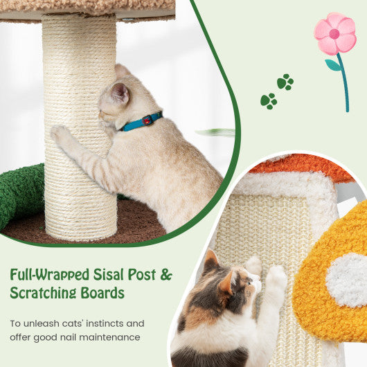 4-In-1 Mushroom Cat Tree with Condo Spring Ball and Sisal Posts-Multicolor