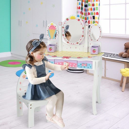 Kids Vanity Princess Makeup Dressing Table Chair Set with Tri-fold Mirror-White