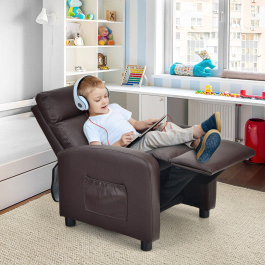 Ergonomic PU Leather Kids Recliner Lounge Sofa for 3-12 Age Group-Brown