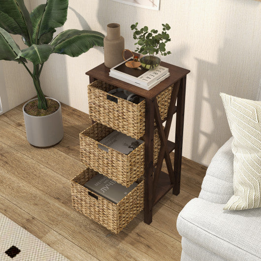 3/4-Tier Nightstand with 2/3 Seagrass Baskets Narrow X-Design-4 Tier
