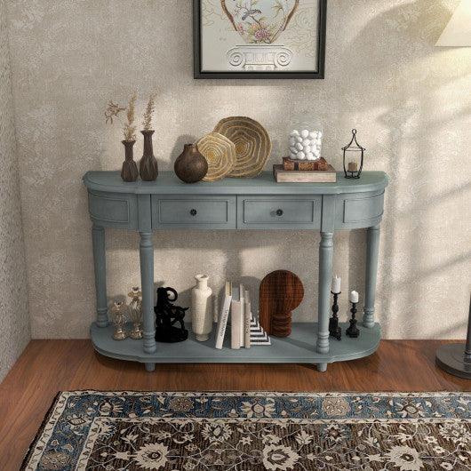 52 Inch Retro Console Table with 2 Drawers and Open Shelf Entryway Sofa Table-Blue